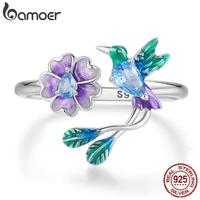 BAMOER 925 Sterling Silver Flower & Bird Adjustable Ring For Women Daily Jewels Sparkles Gift For Girlfriend