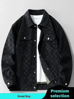 Men's Plain Plaid Print Button Front Suede Jacket, Regular Fit Casual Long Sleeve Collared Pocket Outerwear for Spring & Fall...