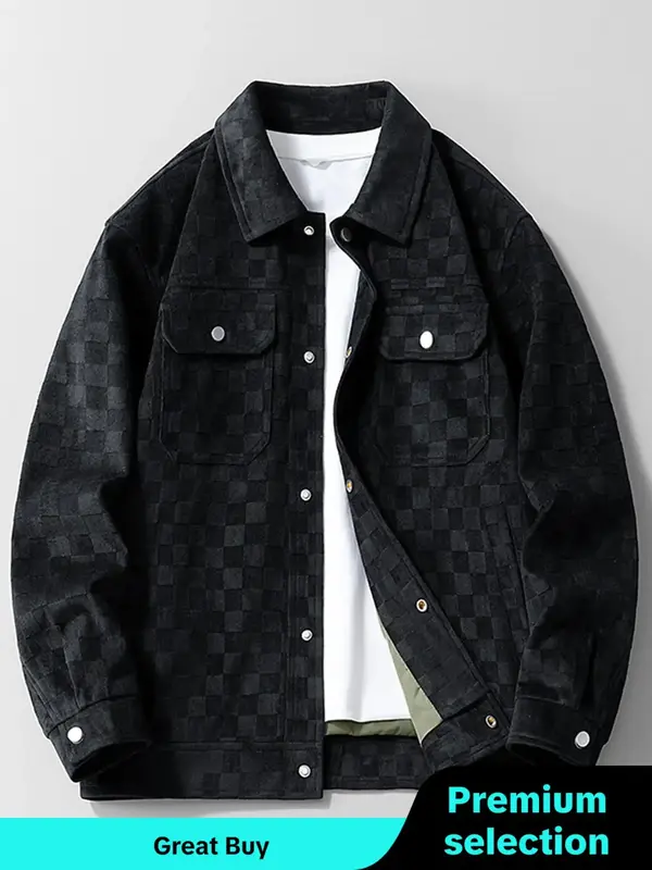 Men's Plain Plaid Print Button Front Suede Jacket, Regular Fit Casual Long Sleeve Collared Pocket Outerwear for Spring & Fall...