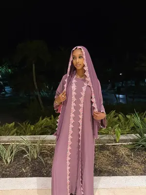 Yasmin Abaya Set - Purple Floral Embellished Abaya & Hijab with Belt & Underdress - Elegant & Modest Fashion