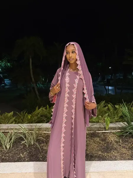 Yasmin Abaya Set - Purple Floral Embellished Abaya & Hijab with Belt & Underdress - Elegant & Modest Fashion