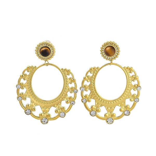 304 Stainless Steel Natural Tiger Eye Boho Stud Earrings