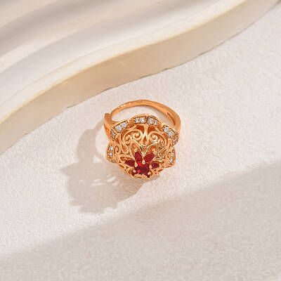 Luxury Vintage Hollow Flower Brass Cubic Zirconia Adjustable Rings for Women