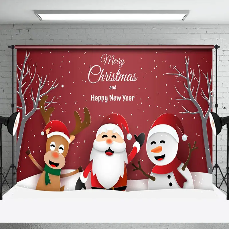 Aperturee Santa Claus Snowman Elk Red Snowy Christmas Backdrop