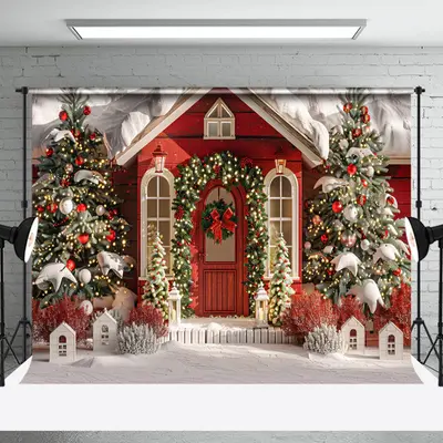 White Red House Trees Snow Christmas Photo Backdrop