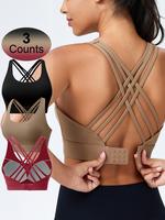Women's Criss Cross Sports Activewear, Solid Color Adjustable Hook & Eye Closure Push Up Bra, Gym Clothes, Soft Breathable No...