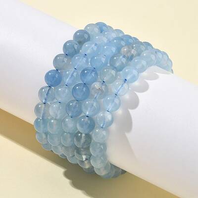 Natural Aquamarine Round Bead Stretch Bracelets for Men Women