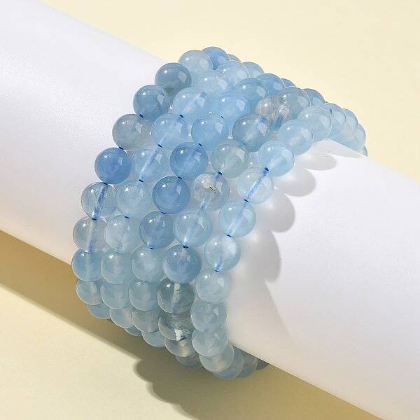 Natural Aquamarine Round Bead Stretch Bracelets for Men Women