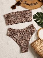 Women's Leopard Print Bandeau Top & High Cut Swim Bottom Bikini Set, Casual Strapless Top & High Waist Swim Bottom Two-piece ...