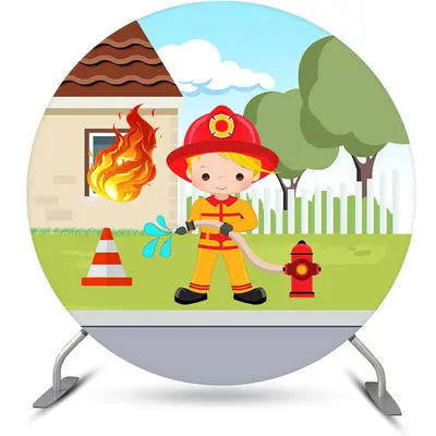 Aperturee Fireman Firetruck Theme Caution Happy Birthday Backdrop Kit | Circle Background For Party | Round Backdrop Cover Di...