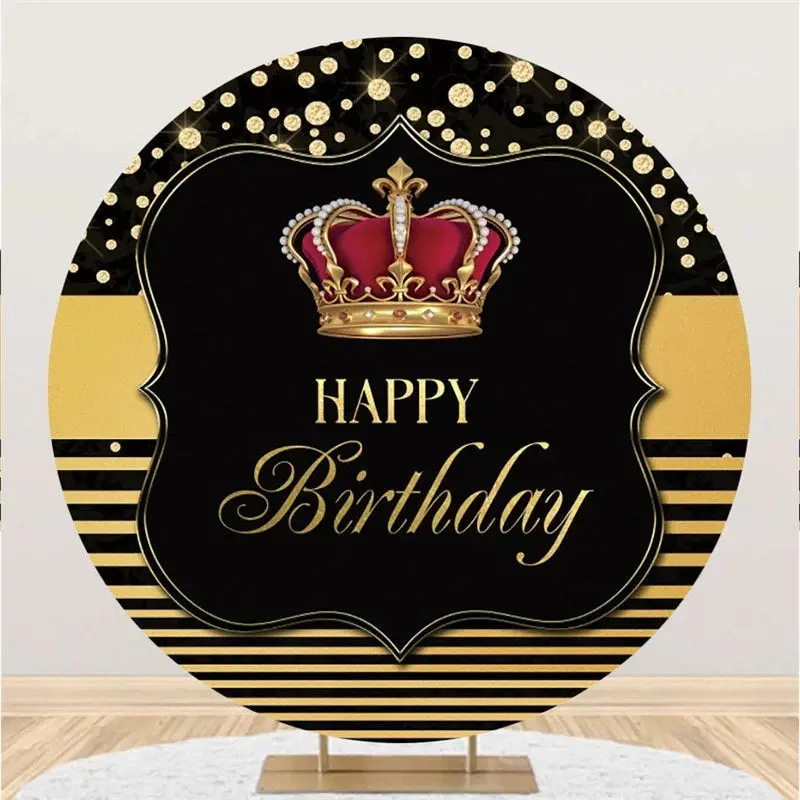 Aperturee Black And Gold Crown Circle Happy Birthday Backdrop | Happy Birthday Round Backdrop | Circle Birthday Backdrop | Ci...