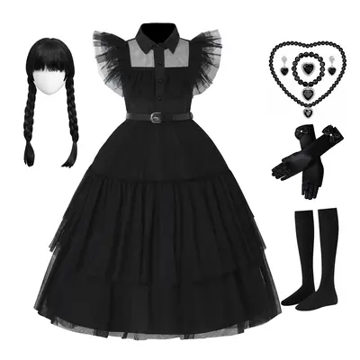 Girls Black Dress Kids Movie Halloween Cosplay Costume Carnival Party Dance Dress Up with Wig Necklace Set Belt Gloves Socks
