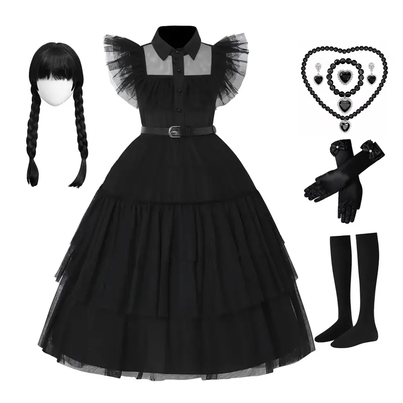 Girls Black Dress Kids Movie Halloween Cosplay Costume Carnival Party Dance Dress Up with Wig Necklace Set Belt Gloves Socks