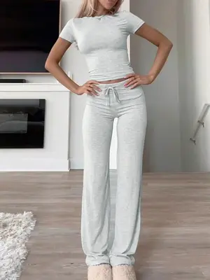 Two-Piece Set Women's Plain Crop Tee & Drawstring Waist Pants Loungewear Set, Casual Comfy Round Neck Short Sleeve Top & Trou...