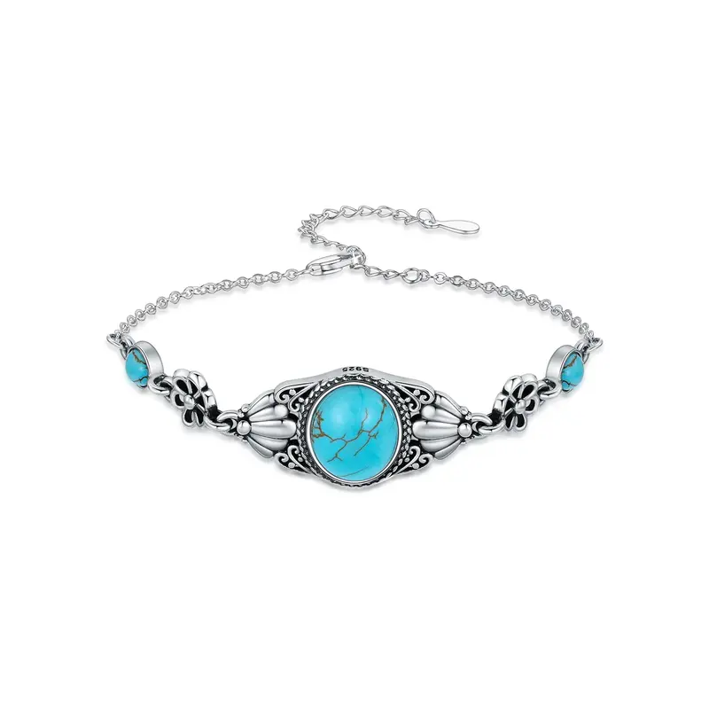 Sterling Silver Turquoise Cherry Blossom Bracelet for Women