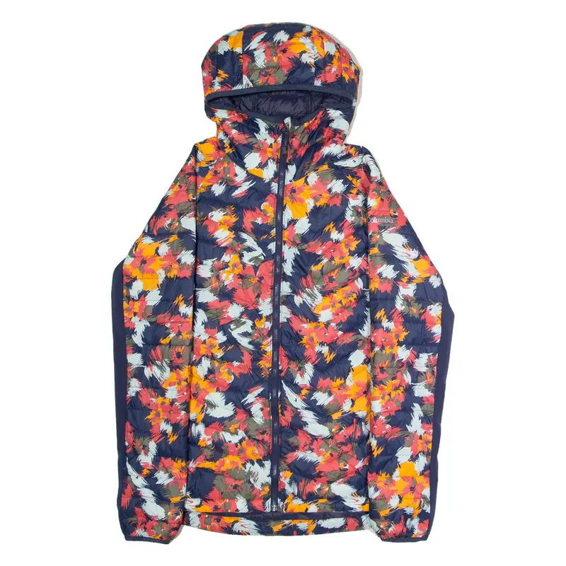 COLUMBIA Womens Puffer Jacket Blue Hooded Crazy Pattern L