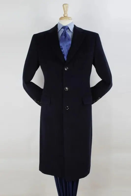 Navy Men's Full Length Pure Wool Dress Overcoat