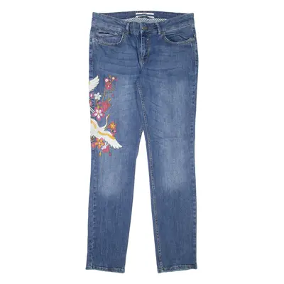 COCCARA Crane Embroidered Womens Jeans Blue Slim Tapered Stone Wash W31 L32