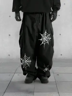 Men's Spider Print Drawstring Waist Wide Leg Pants, Street Fashion Casual Spider Web Print Pocket Trousers for Daily Wear, M...