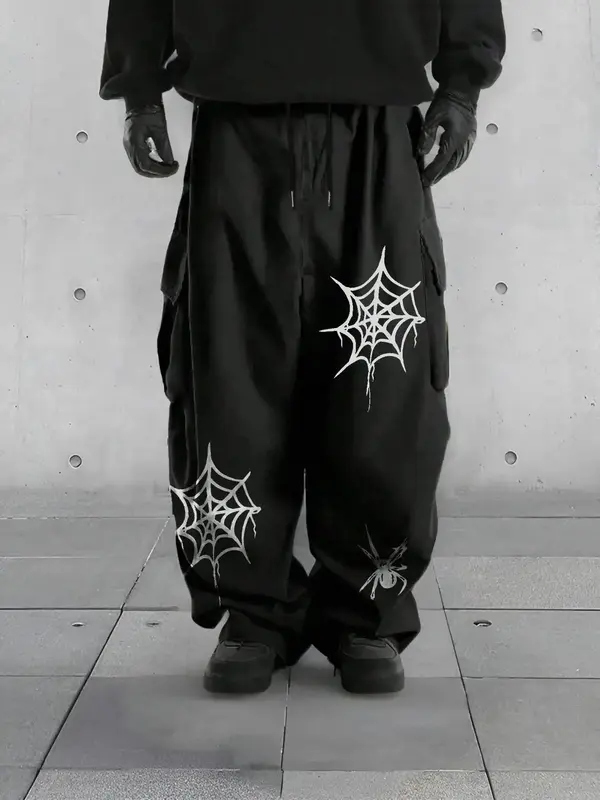 Men's Spider Print Drawstring Waist Wide Leg Pants, Street Fashion Casual Spider Web Print Pocket Trousers for Daily Wear, M...