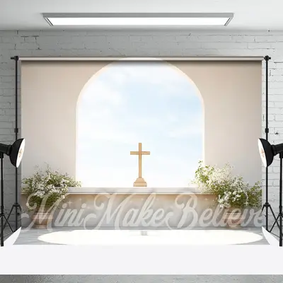 Beige Arched Wall Blue Sky Cross Easter Backdrop - Aperturee