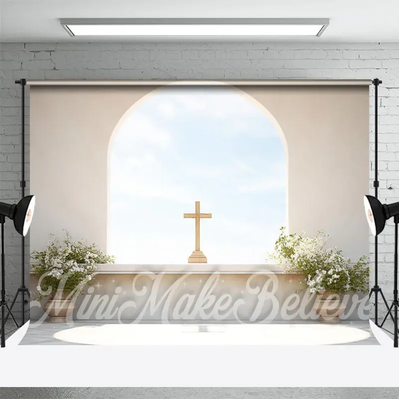Beige Arched Wall Blue Sky Cross Easter Backdrop - Aperturee