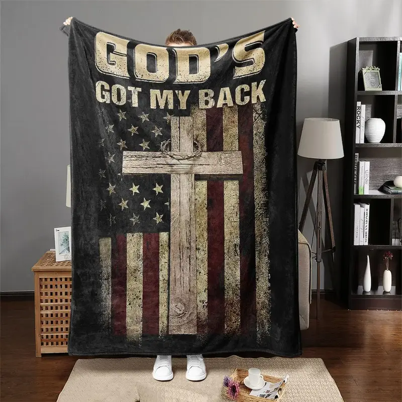 Christian Cross & Letter Print Flannel Blanket, American Flag Print Soft Throw Blanket, Cool Bedroom Accessory, Warm Napping ...