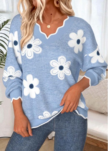 Modlily Dusty Blue Scalloped Hem Floral Print Long Sleeve Sweatshirt - S