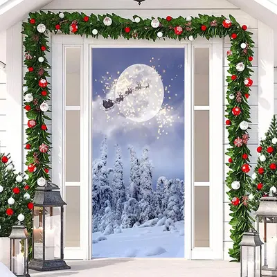 Snowy Forest Night Santa Claus Christmas Door Cover - Aperturee