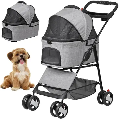 Pet Republic 4 Wheels 3-in-1 Foldable Pet Dog Stroller W/Detachable Carrier for Small Dog Cat W/Storage Basket & Cup Holder, ...