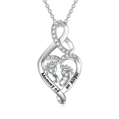 Sterling Silver Circular Shaped Cubic Zirconia Feet & Heart Pendant Necklace with Engraved Word
