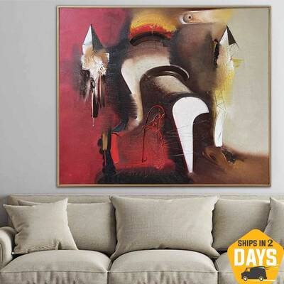 Original Abstract Painting On Canvas Acrylic Painting in Beige And Red Colors Textured Art Modern Decor | PRAMITLER 35.4"...