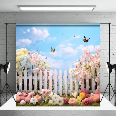 Warm Floral Garden Butterfly Blue Sky Spring Backdrop - Aperturee