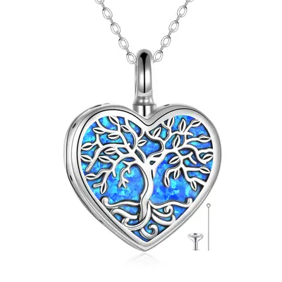 Sterling Silver Opal Tree Of Life & Heart Urn Necklace for Ashes with Engraved Word