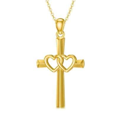14K Gold Cross Heart With Heart Pendant Necklace For Women