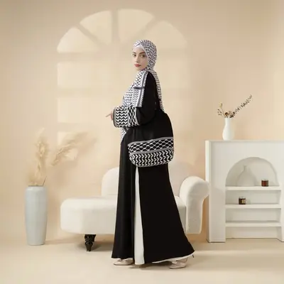 Palestinian Keffiyeh-Inspired Abaya with Matching Shoulder Bag,abaya style,daily abaya,(MA131)eid outfits elegant fits