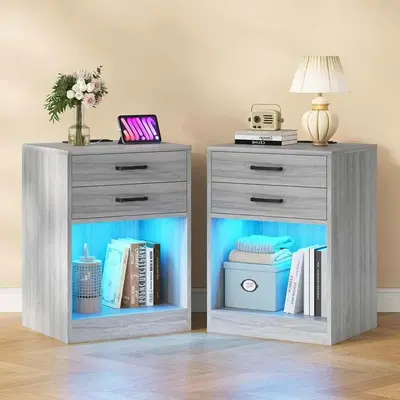 Sikaic 2Pcs LED Nightstands with Charging Station Power Outlets and Drawers Grey Furniture Shelf Table Storage Bedside Organi...
