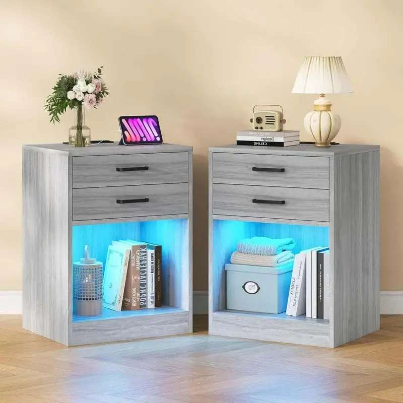 Sikaic 2Pcs LED Nightstands with Charging Station Power Outlets and Drawers Grey Furniture Shelf Table Storage Bedside Organi...