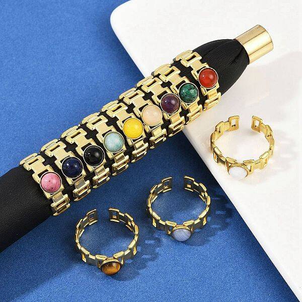 316 Stainless Steel with Natural Mixed Gemstone Cuff Rings