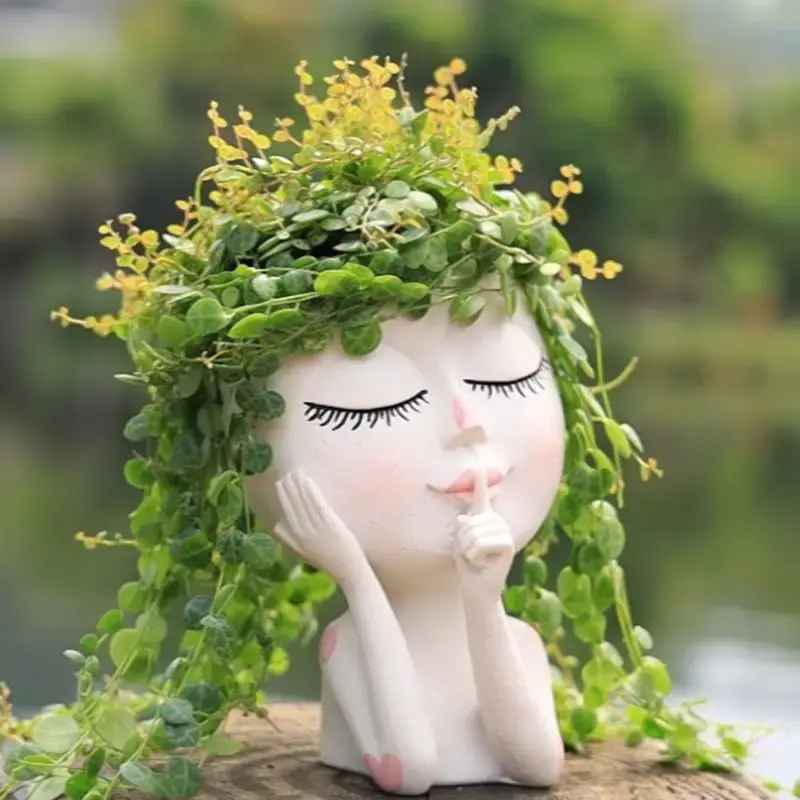 Cute Girl Design Flower Pot, Resin Flower Pot with Drainage Hole, Decorative Plant Pot for Home Garden, Garden Supplies