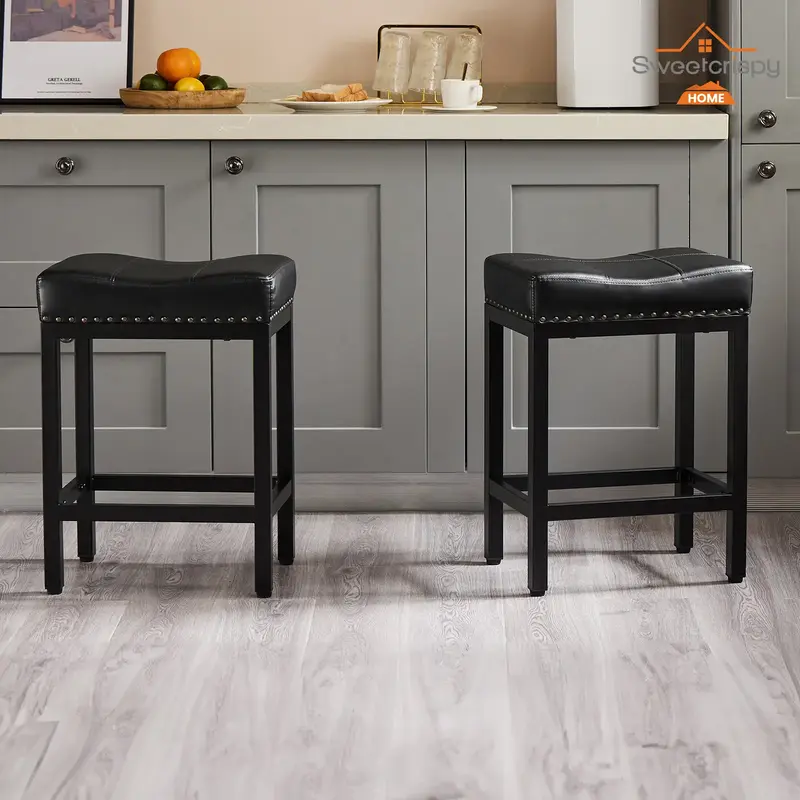 Sweet Furniture-Bar Stools Set of 2, 24 inch Counter Height Bar Stools, Upholstered Modern Kitchen Barstools with Metal Base,...