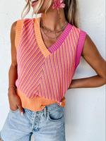Women's Colorblock V Neck Sweater Vest, Casual Soft Sleeveless Knit Top for Summer, Fashion Women's Knitwear for Daily Wear, ...