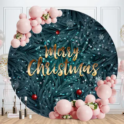 Dark Green Leaves Round Merry Christmas Backdrop - Aperturee