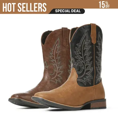 VIMISAOI Cowboy Boots For Men Wide Foot Square Toe Western Boots With Classic Embroidered Durable Slip On Boots VIMI VIMI SHO...