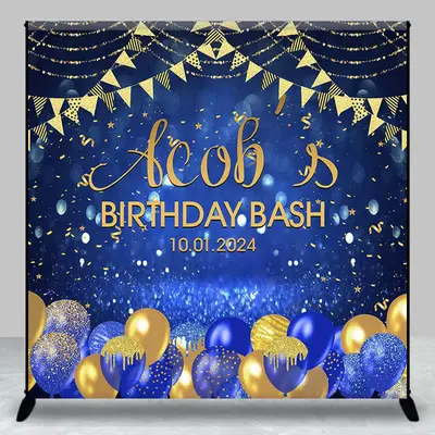 Custom Flag Blue Gold Balloon Birthday Bash Backdrop - Aperturee