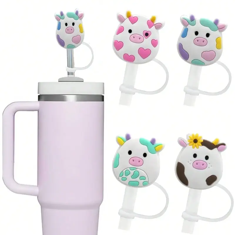 Cute Pig Design Silicone Straw Cap, 4 Counts Reusable Dustproof Straw Cover, Drinkware Accessories for 8mm & 10mm Straws