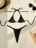 Women's Plain Halter Bikinis Set, Casual Tie Back Triangle Swim Bra & Ring Linked Swim Thong Swimwear Set, Fashion Chic Ladi...