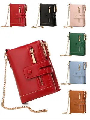 Solid Color Bifold Zipper Wallet with Chain Wristlet, Fashionable Anti-theft Protection Pu Leather Coin Purse, Casual Trendy ...