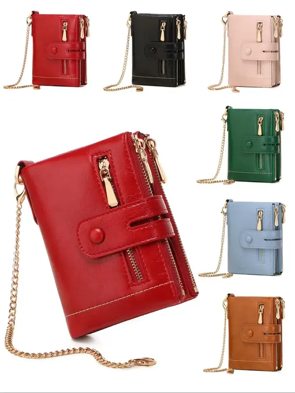 Solid Color Bifold Zipper Wallet with Chain Wristlet, Fashionable Anti-theft Protection Pu Leather Coin Purse, Casual Trendy ...