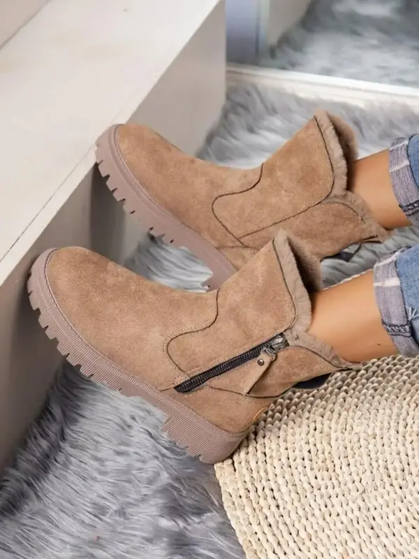 Women's Fashion Plain Side Zipper Design Thick Plush Snow Boots, Casual Comfortable Thermal Lined Boots for Fall & Winter Wea...
